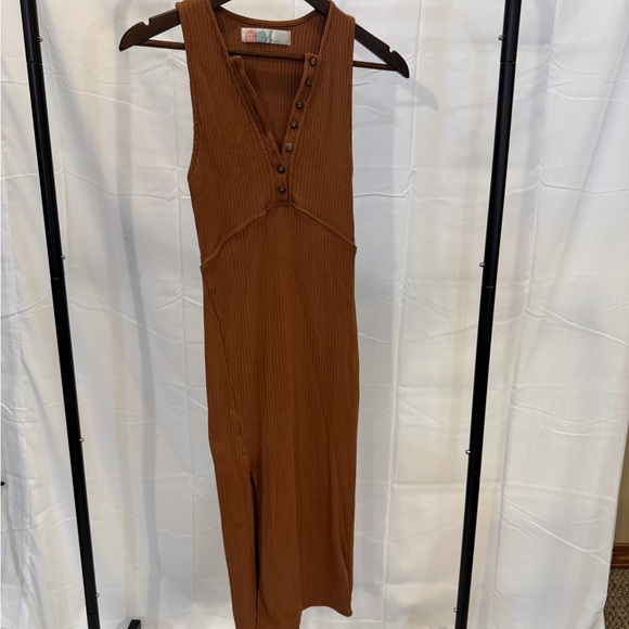 Free People Ribbed Button-Front Maxi Dress in Rust - Picture 1 of 6
